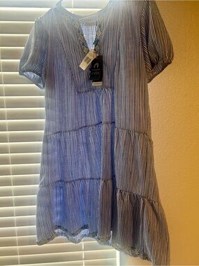 Cabana Life Blue and White Striped Embroidered V-Neck Dress